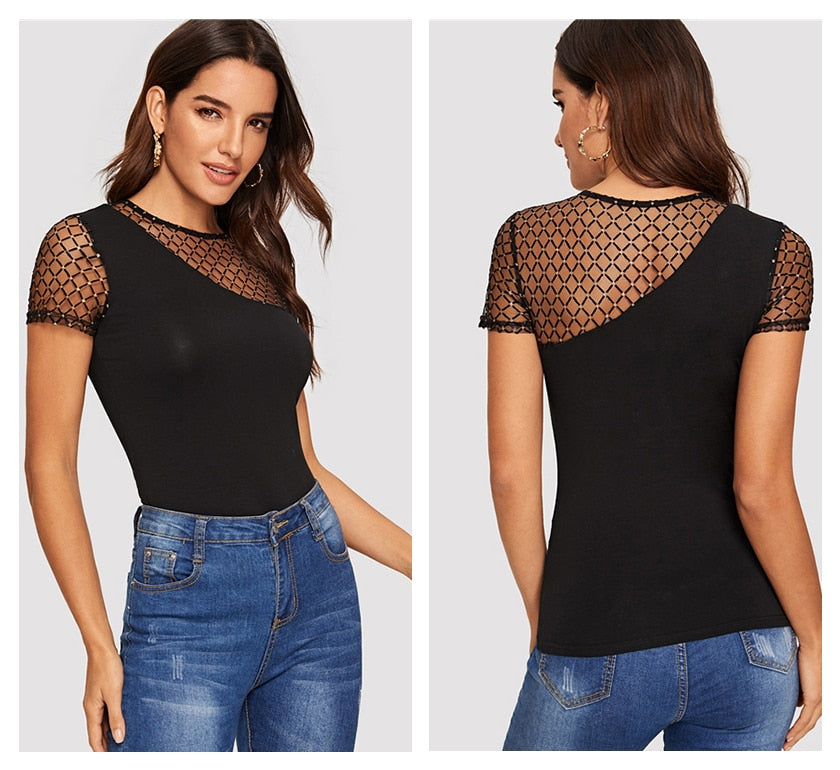 Mesh Shoulder Form Fitted Preppy T-Shirt
