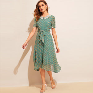 "The 90's"Lace Trim Belted Dress