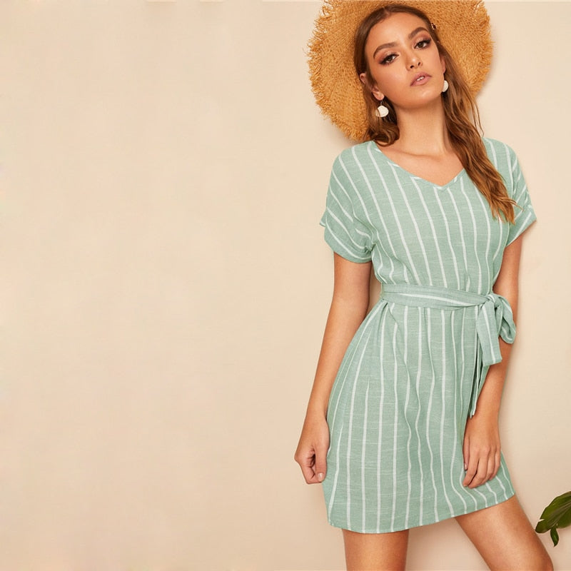 V Striped Belted Dress