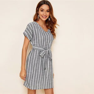 V Striped Belted Dress