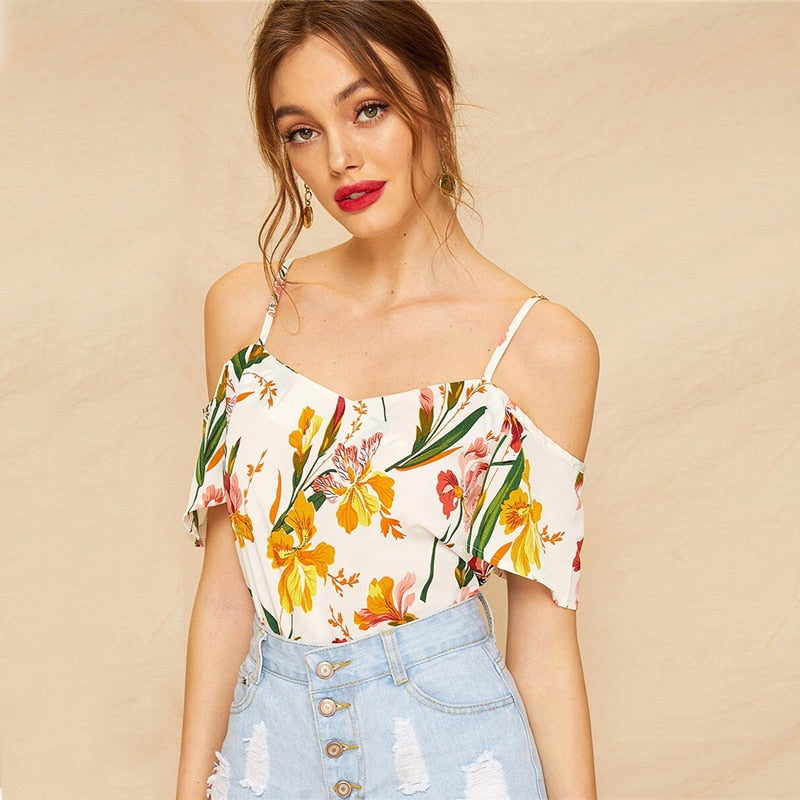 White Cold Shoulder Floral Print Blouse