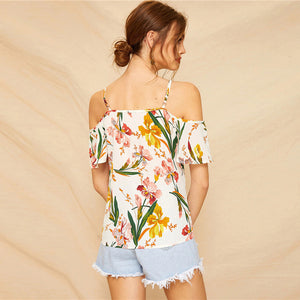 White Cold Shoulder Floral Print Blouse