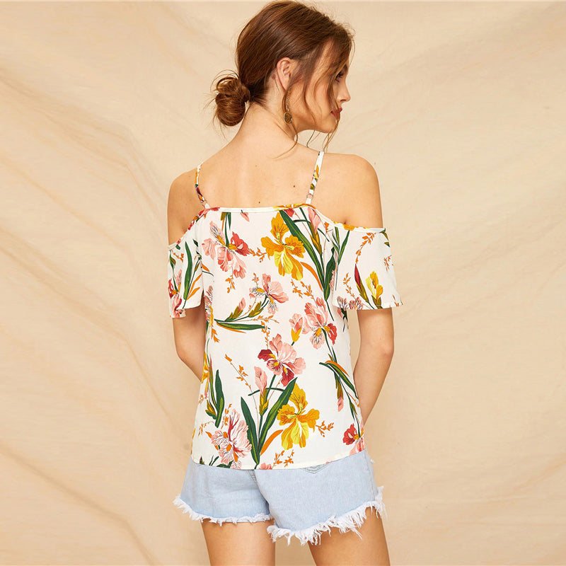 White Cold Shoulder Floral Print Blouse