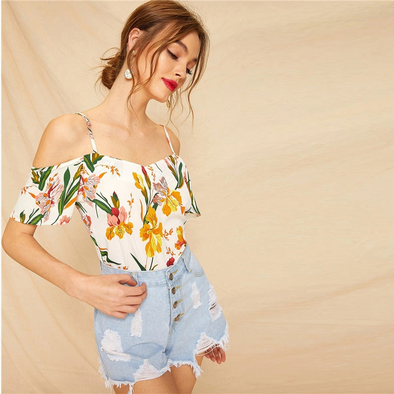 White Cold Shoulder Floral Print Blouse