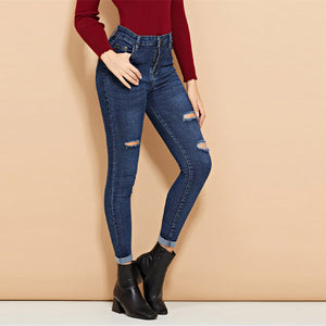Blue Ripped Roll-Up Denim Jeans