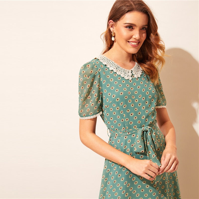 "The 90's"Lace Trim Belted Dress