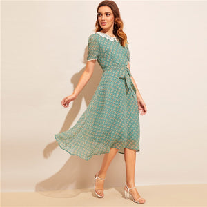 "The 90's"Lace Trim Belted Dress