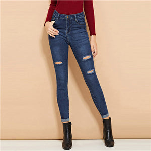 Blue Ripped Roll-Up Denim Jeans