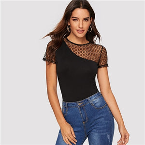 Mesh Shoulder Form Fitted Preppy T-Shirt