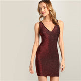 Burgundy V Neck Glitter Dress
