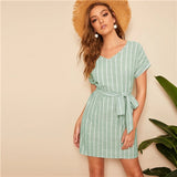 V Striped Belted Dress