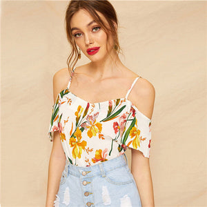 White Cold Shoulder Floral Print Blouse