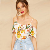 White Cold Shoulder Floral Print Blouse