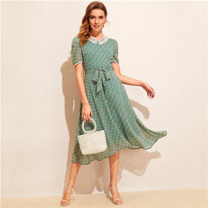 "The 90's"Lace Trim Belted Dress