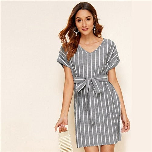 V Striped Belted Dress